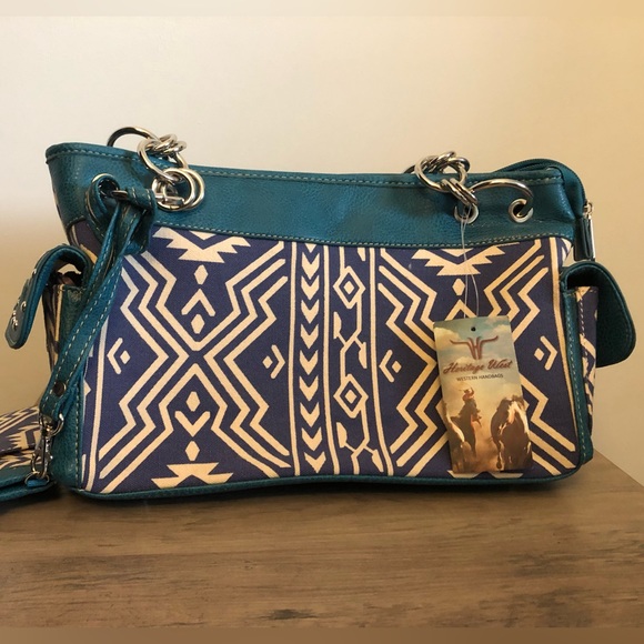 Heratige West Blue Aztec Print Handbag - Picture 2 of 12